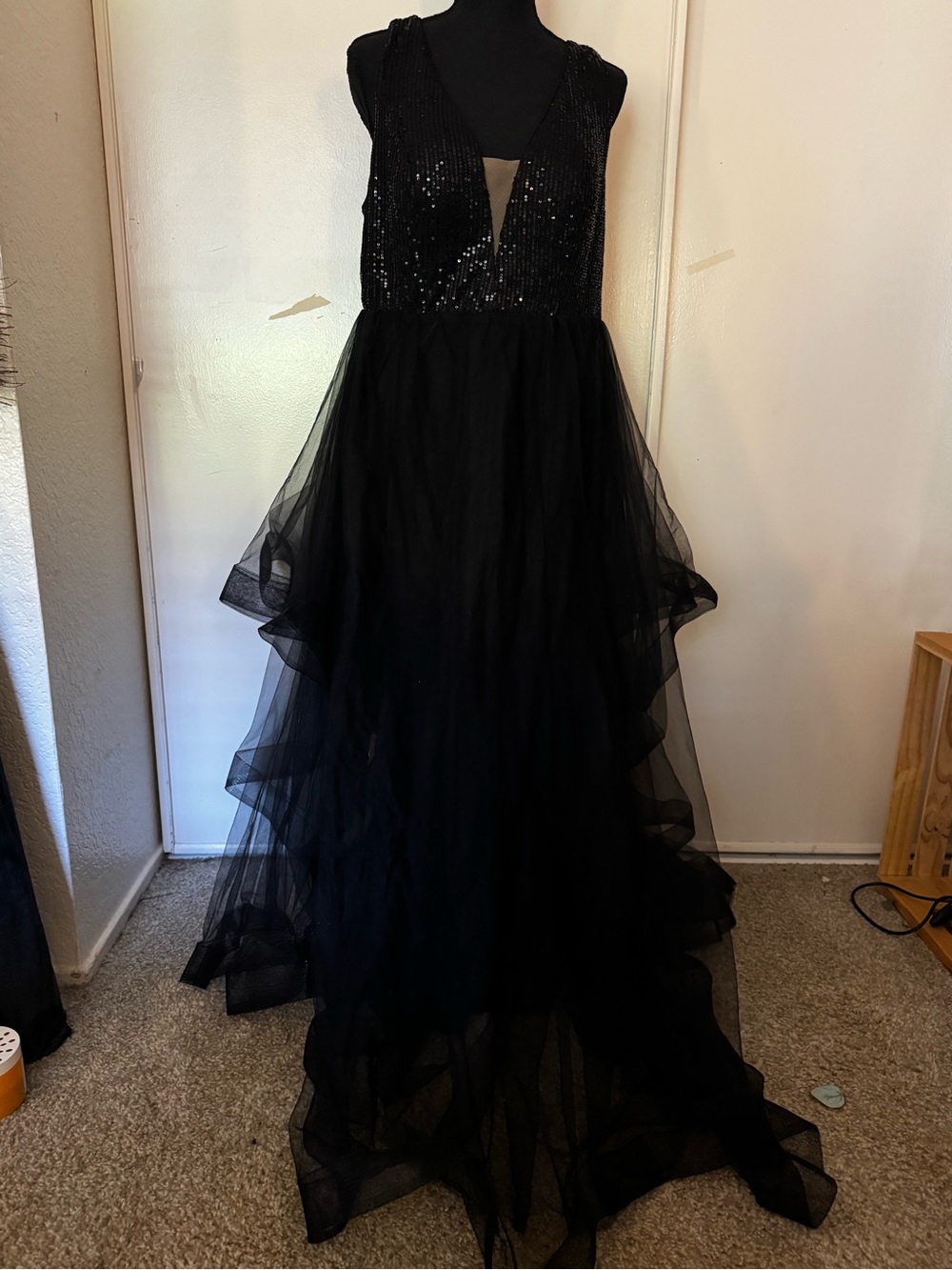 Black Sequin Tulle Evening Gown